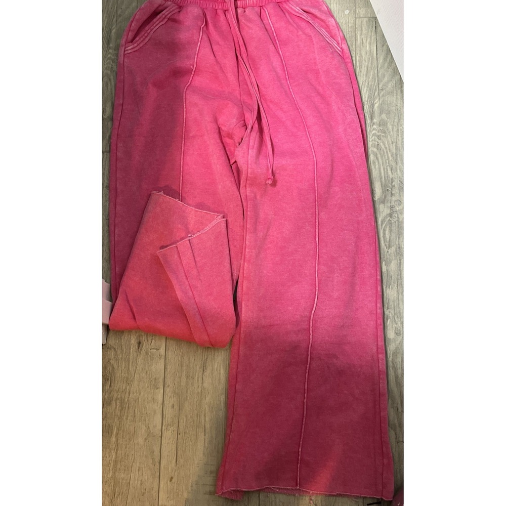 Zenana Hot Pink Acid Wash Wide Leg Raw Hem Sweatpants Fleece Pockets